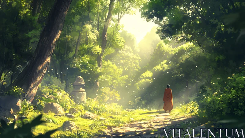 Solitary Monk Walks Through Enchanted Forest Path.
