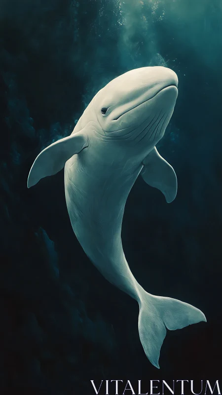 Beluga whale rendered underwater in deep teal environment.