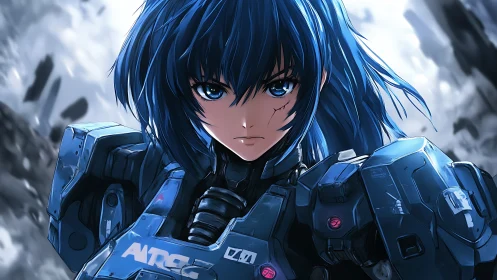 Armored blue-haired mech pilot glares through smoky battlefield.