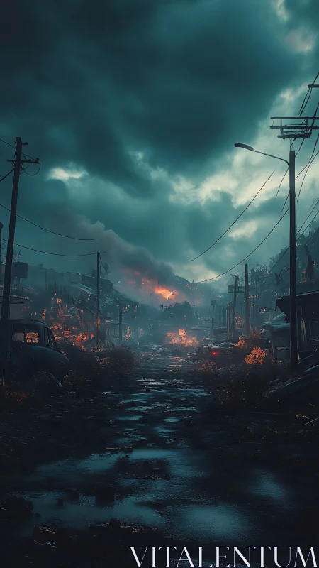 Post-apocalyptic arterial street under volatile stormfront sky.