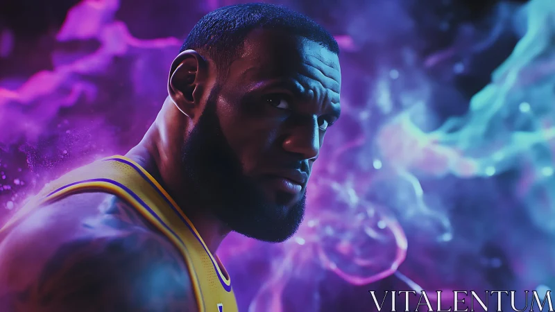 Intense basketball portrait glows in neon smoke and light