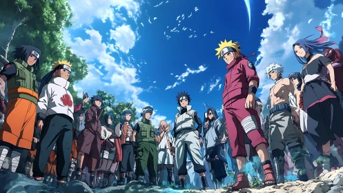 Group of anime fighters assembled under a bright sky.