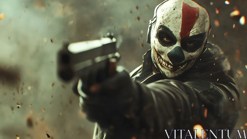 Masked gunman aiming handgun amid debris in action scene.