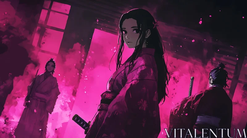 Samurai woman in neon magenta haze defines dramatic anime tableau