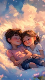 Children resting beneath golden clouds at peaceful sunset hour.