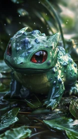 Small green amphibian creature in wet forest scene.