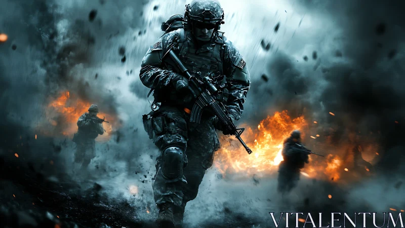 Combat infantry charge through firelit battlefield haze.
