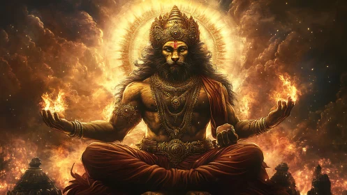 Lion-faced flame deity meditates within a storm of light