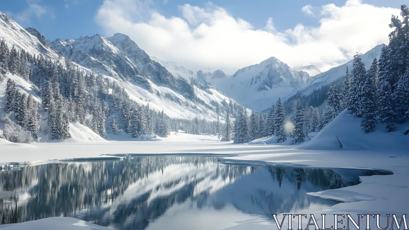Snow covered alpine lake with conifer forest and mountains.