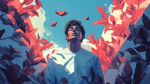 Serene young man amid swirling crimson leaves under sky.