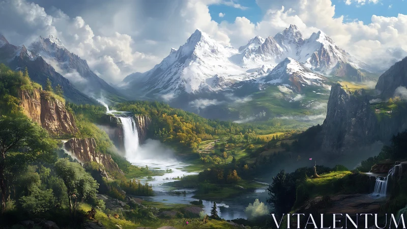 Snow peaks rise above lush valley with cascading waterfalls