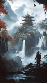 Digital painting of misty pagoda cliffs with lone wanderer.