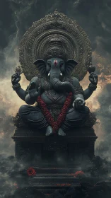 Stormlit Ganesha idol crowned in haloed bronze majesty.