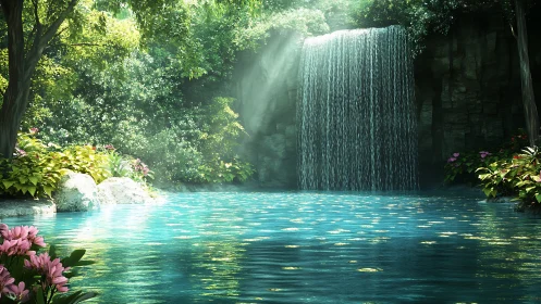 Sunlit turquoise forest pool with cascading waterfall veil