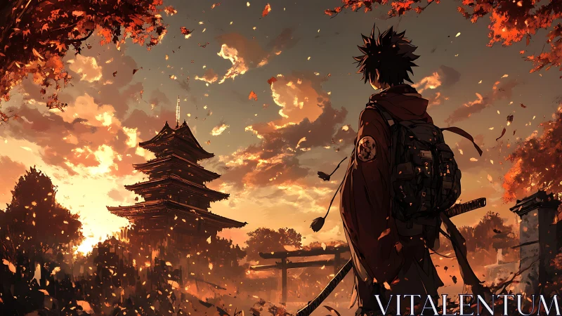 Wandering swordsman watching a quiet temple sunset glow.