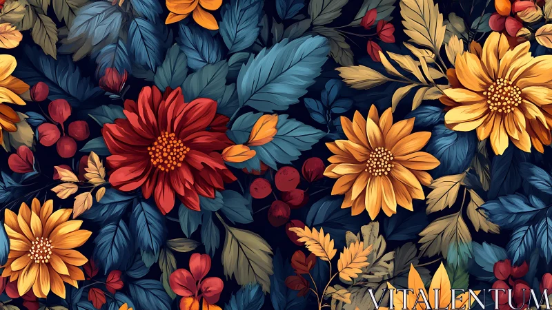 Layered floral composition with contrasting warm and cool botanical elements against dark background
