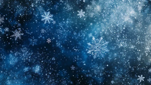 Crystal snowflakes over deep blue bokeh winter night sky.
