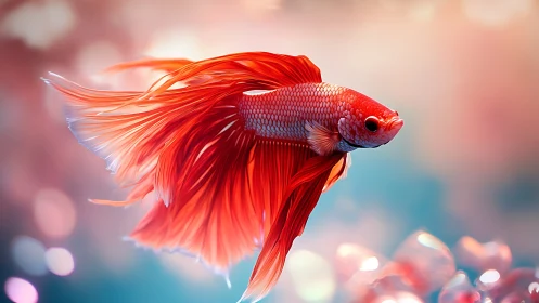 Fiery betta fish glides through dreamy pastel waters