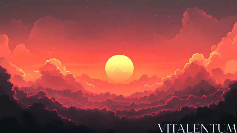 Radiant sun over layered red and purple clouds at dusk.