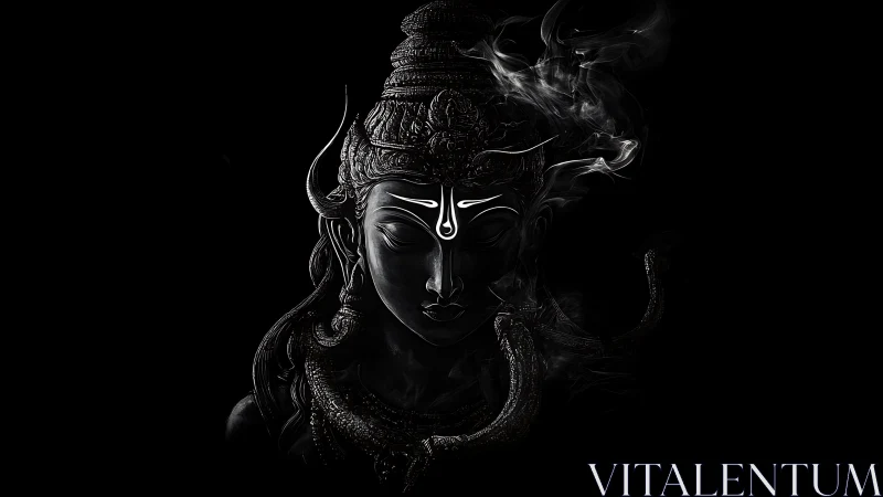Monochrome Shiva visage with luminous tilak and vapor plumes.