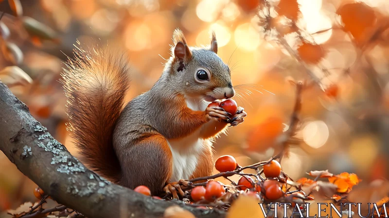 Curious squirrel savors bright berries in glowing autumn forest