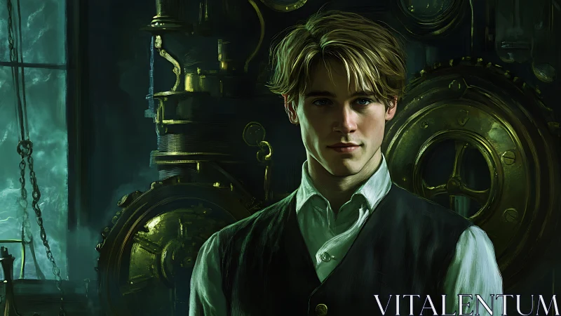 Young man stands before complex brass industrial machinery