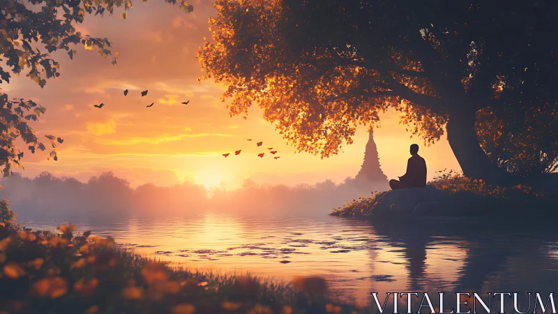 Monk silhouette meditating beside river at radiant sunset.