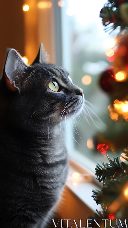 Tabby cat at window beside lit holiday tree indoors.