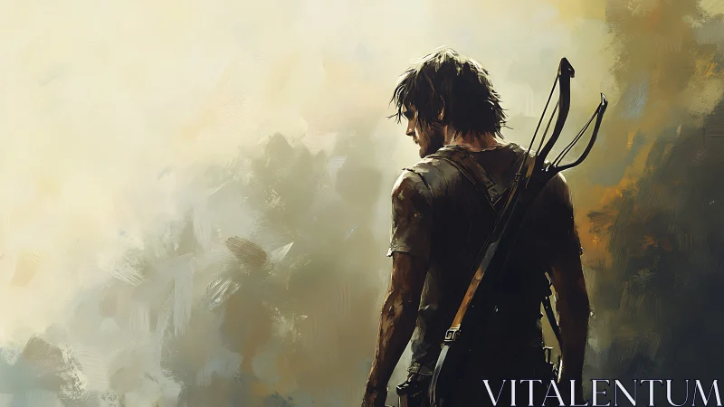 Rugged archer stands alone in hazy golden aftermath