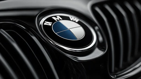 Chrome crest glows on sleek black grille of luxury machine.