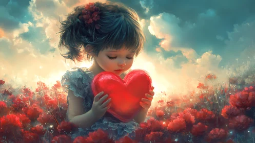 Child holding glowing red heart in flower field.