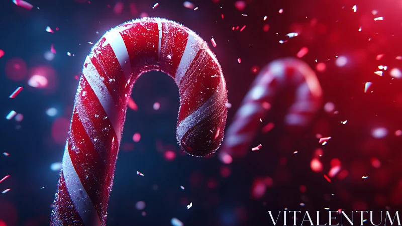 Close-up view of striped candy canes with particle scatter.