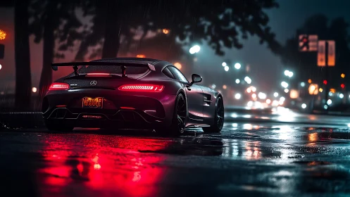 Sports coupe on wet city street at night in rainfall conditions.