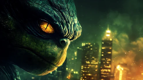 Brooding reptile titan watches neon city burn below dusk.