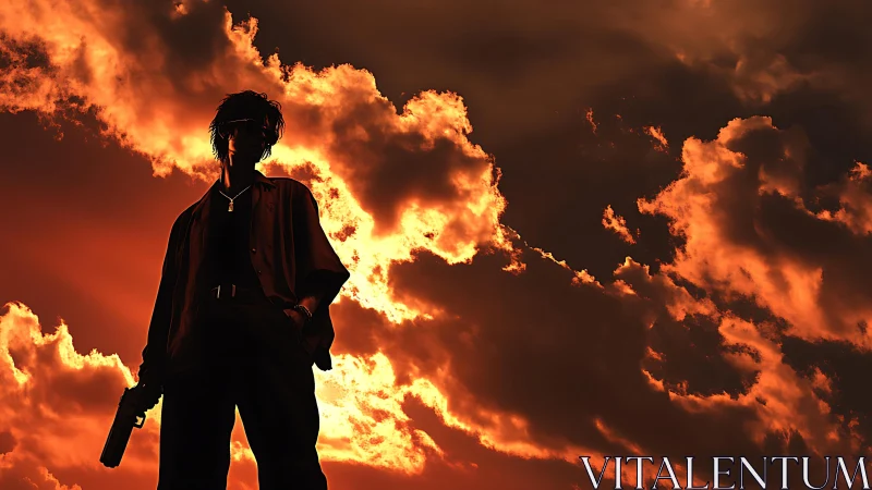 Silhouetted gunman against dramatic backlit fiery sunset cloudfield