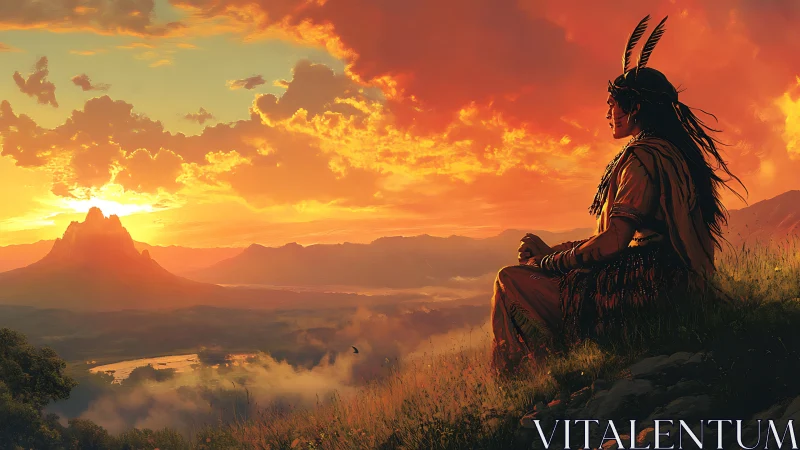 Digital painting of contemplative figure in ember-lit valley sunset.