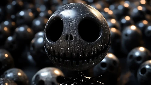 Glossy stylized skull sphere with eerie bokeh background.