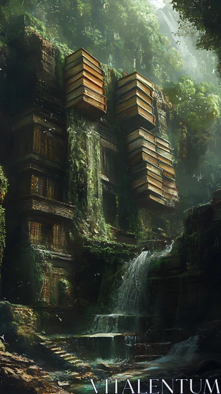 Stacked wooden structures cling to a lush cliff waterfall