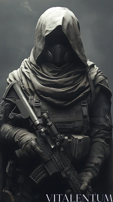 Hooded tactical sniper stands in brooding post‑apocalyptic haze