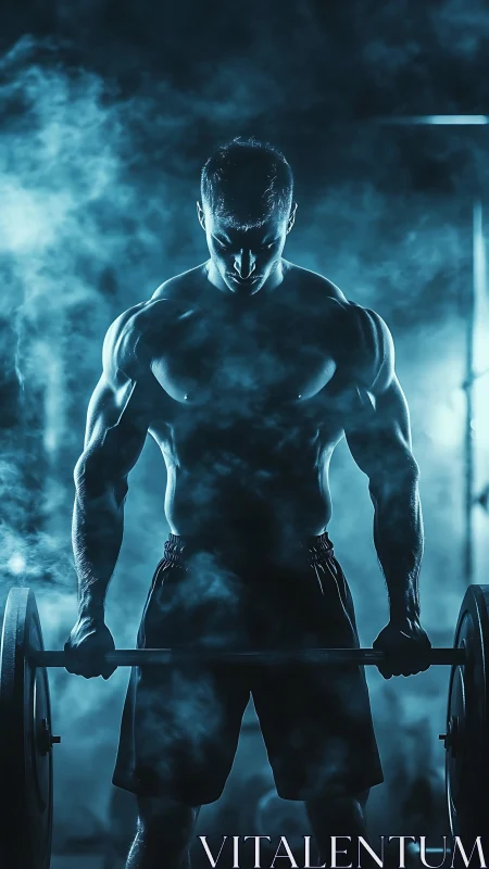 Muscular athlete lifts barbell in dramatic blue gym lighting