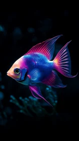 Neon tropical fish glows against deep black ocean backdrop.