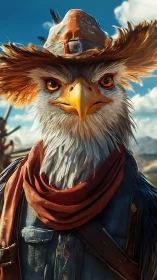 Warm-hearted eagle cowboy hero in weathered frontier gear.