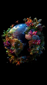Blooming Planet: Earth Crowned with Radiant Flowers.