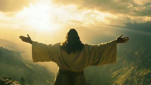 Radiant robed figure embracing sunrise over misty peaks.