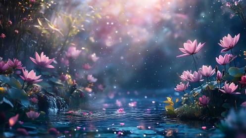 Enchanted lotus stream under ethereal twilight glow.