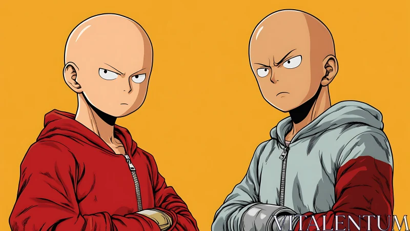 Bald anime characters in hoodies on flat orange backdrop.