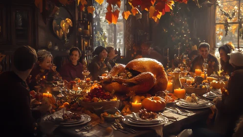 Family gathered around autumn feast with roasted turkey.