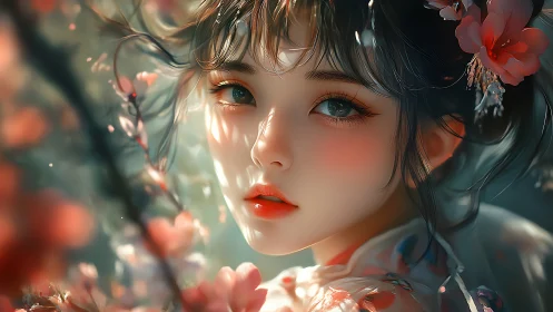 Spring-lit portrait of ethereal girl amid soft blossoms.