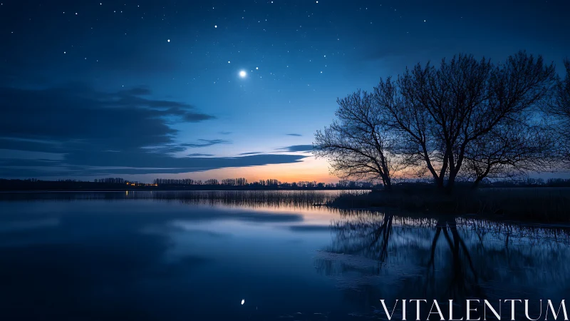 Blue twilight lake mirrors stars over silhouetted trees.