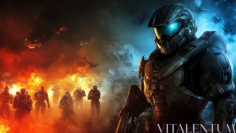 Armored sci fi soldier divides inferno war and frozen front